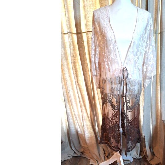 ORAGAMI Floral Lace Brown to Cream BOHO Western Cardigan One Size - Picture 2 of 10